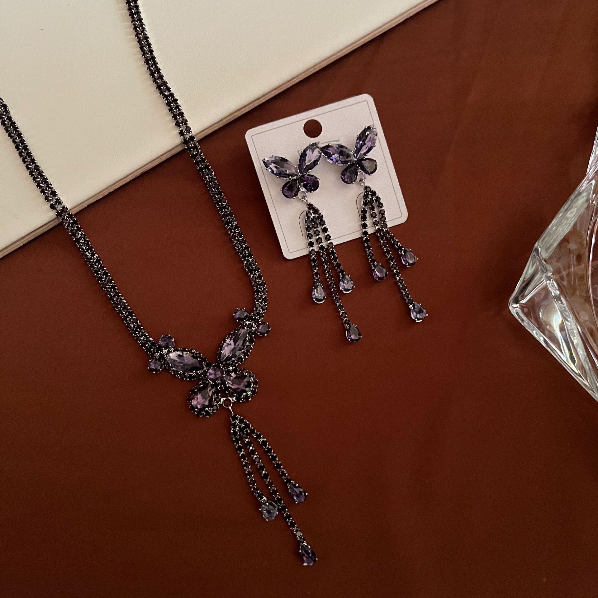 European & American Tassel Butterfly Zirconia Jewelry Set: Necklace and Earrings