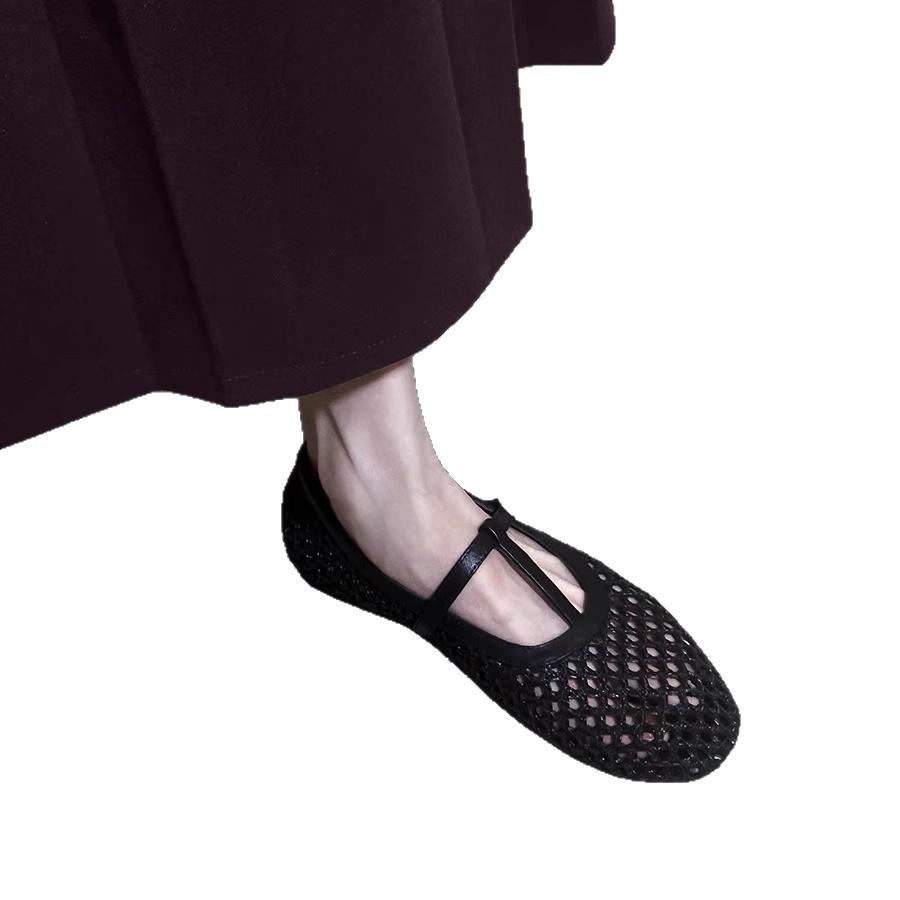 Sheepskin Version~ Hollow and Breathable Outer Wear Summer Mary Jane Sandals Women's One-word Small Single Shoes with Round Head, Shallow Mouth and