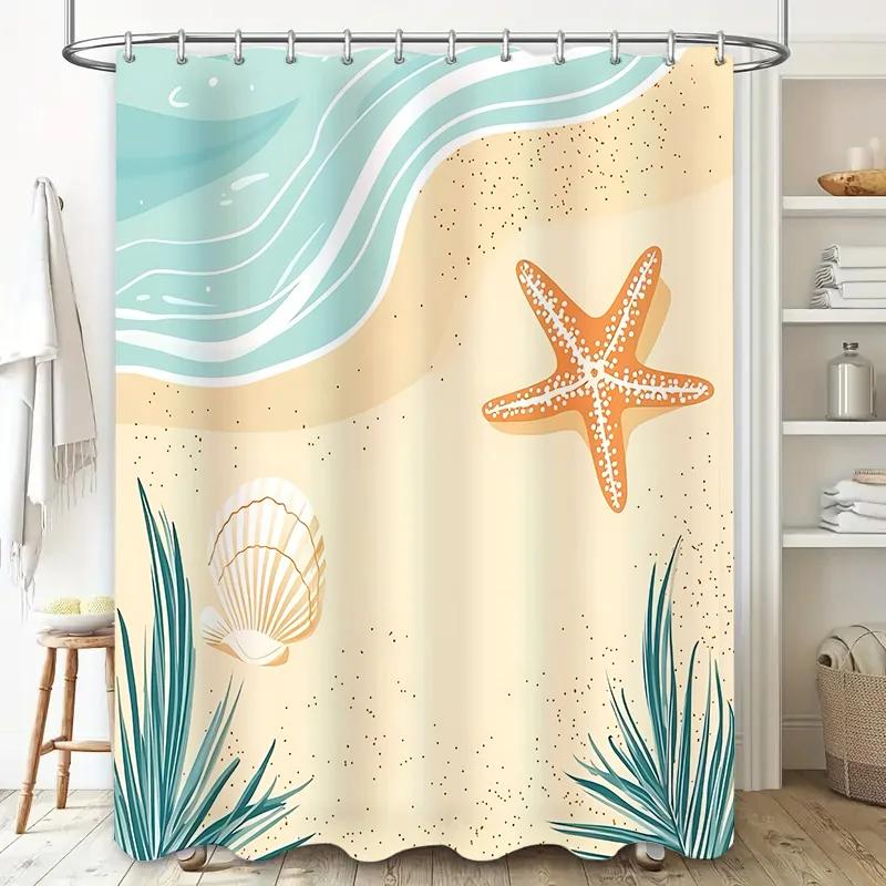 Beach Theme Shower Curtain for Bathroom Decor - Vibrant Ocean Waves and Starfish Design - Waterproof and Durable  Easy-Clean