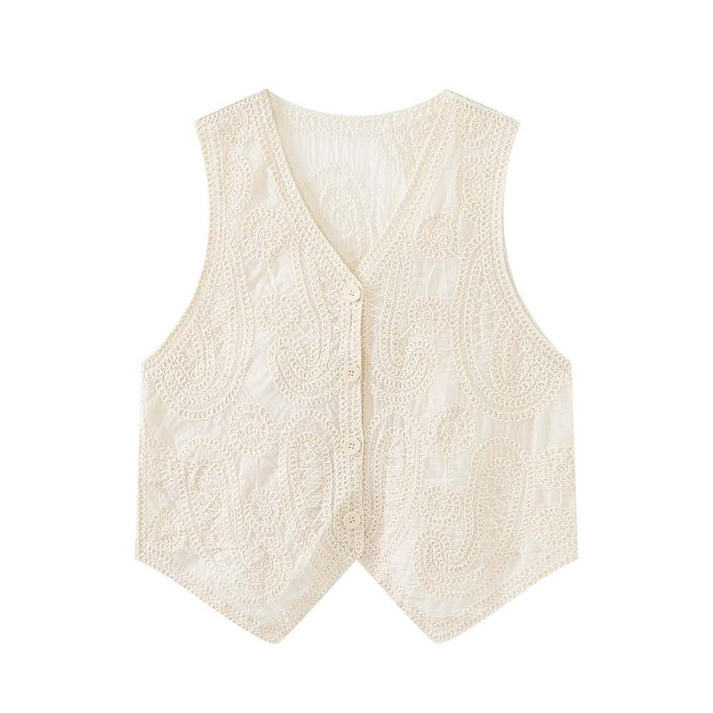 Johnature Summer French-Style Bohemian Embroidered Hollow Handmade Feel Sleeveless Top For Women
