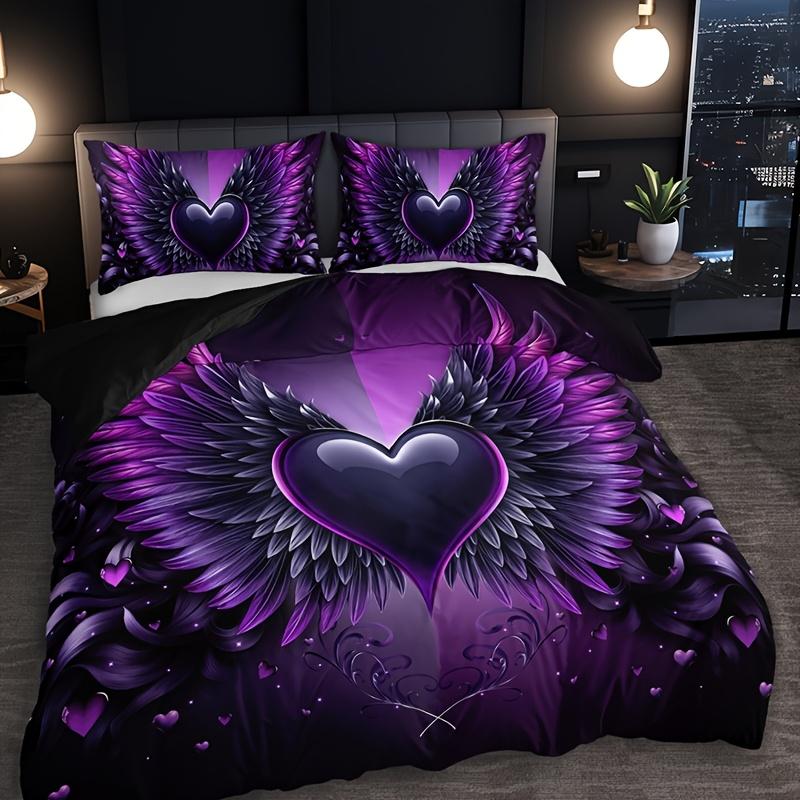 

3pcs Heart Gradient Purple Wings Duvet Cover Set No Filling High-Definition Print Bedding Set For Home Queen King Size For Girls US Full(200x230cm)