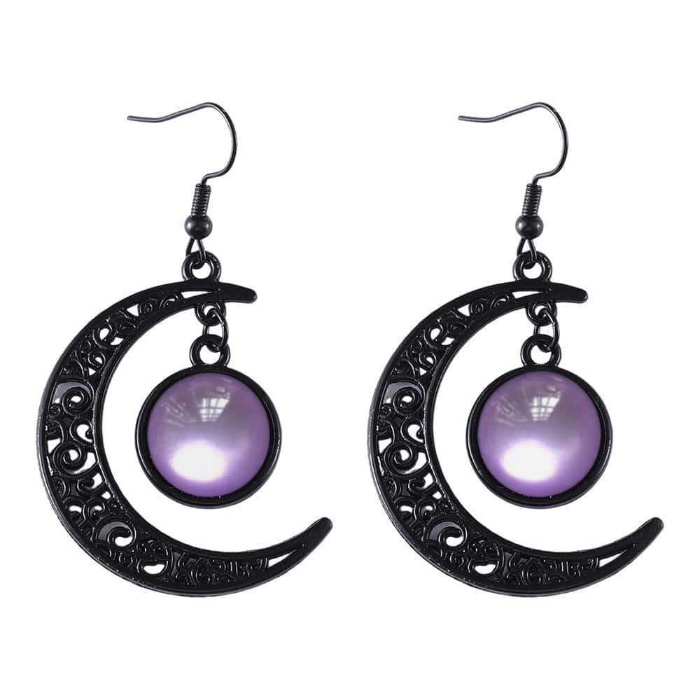 Personality Goth Black Hollowed-out Crescent Moon Glass Crystal Pendant Dangle Earrings for Women Halloween Party Witch Jewelry