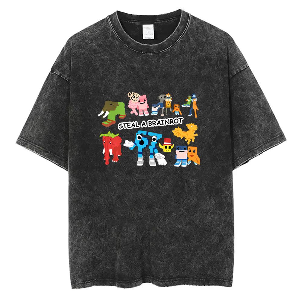 Funny Italian Brainrot Steal A Bratnrot Washed Vintage T-shirt Six Seven 67 Number Print T Shirts Men Women Oversized Streetwear S