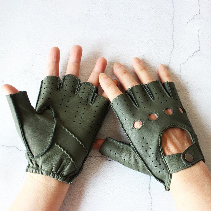Summer Driving Men's Leather Gloves Single-Layer Unlined Thin Fashion Hollow Motorcycle Riding Gloves Military Green