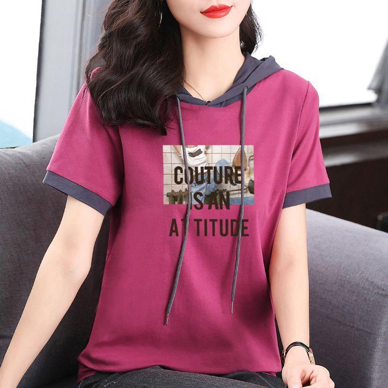 Plus Size Women Hooded Patchwork Short-sleeved T-shirt Summer Oversized Loose Casual Tops M