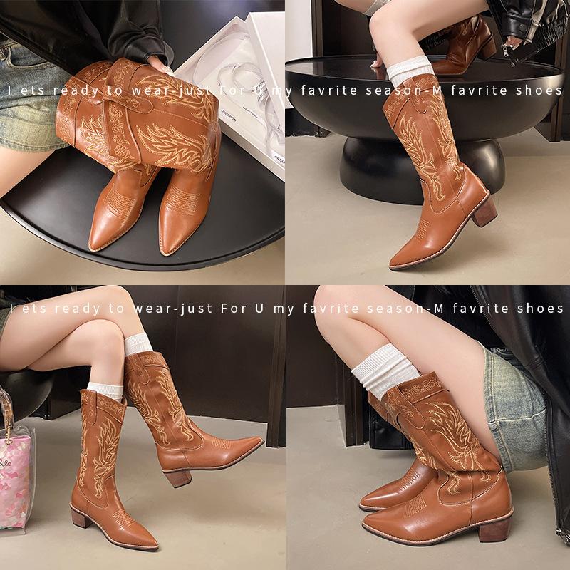 Women's Western Cowboy Boots Retro Embroidered Knight Boots Fashion Mid-Calf V-Notch Boot Pointed Leather Boots for Women Botas