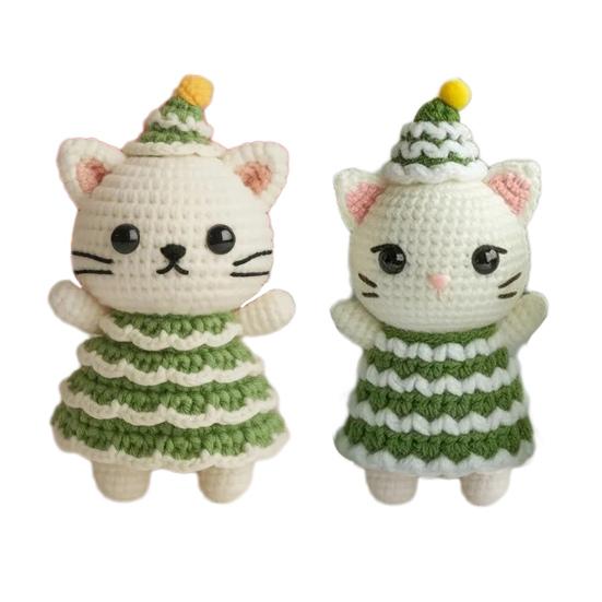 Christmas Crochet Cat Doll Patchwork Color Handcrafted Green Cream Yarns Cat Ornament Xmas Tree Decoration