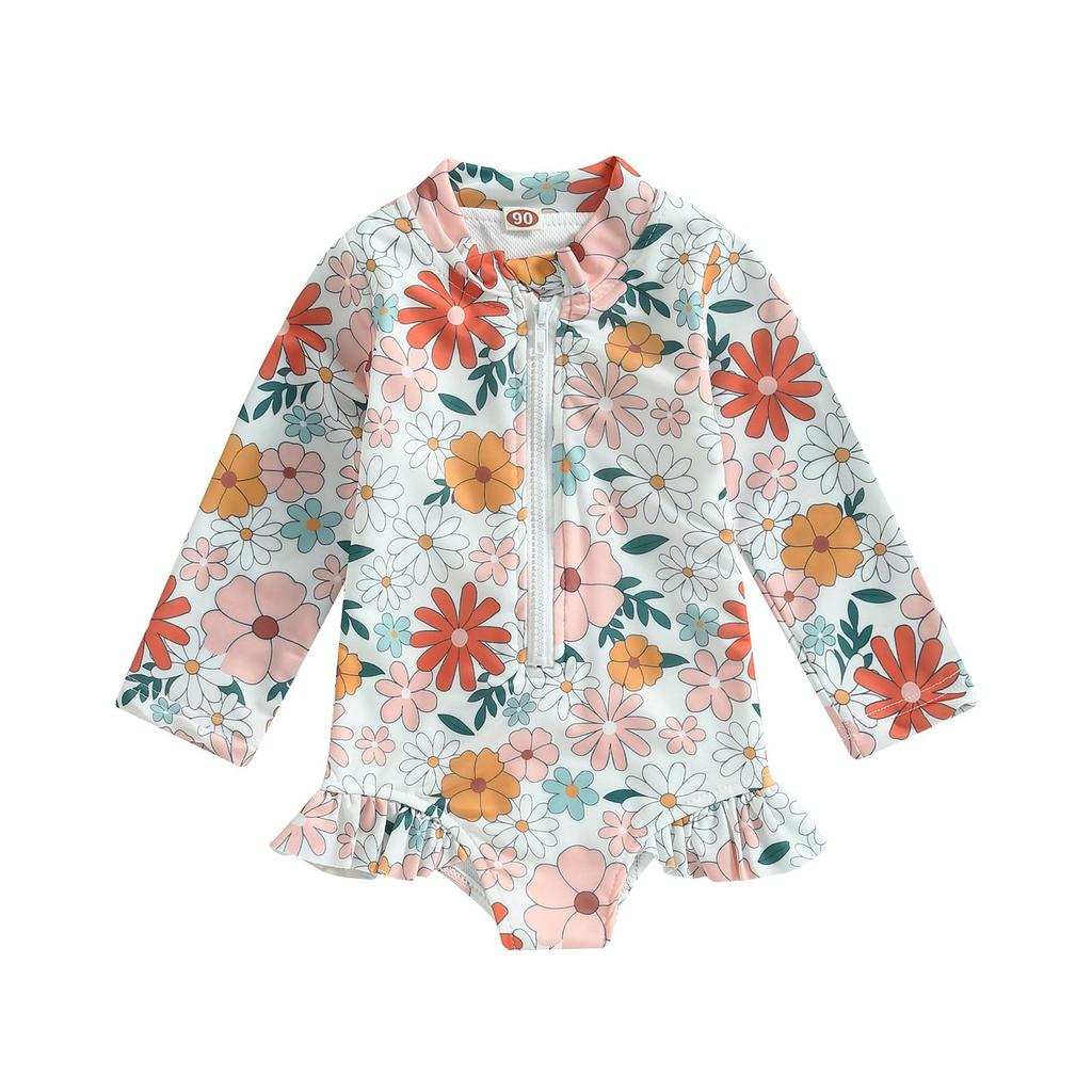 Dziecięce stroje kąpielowe dla dziewczynek 12M 18M 24M 3Y 4Y 5Y Letnie kwiatowe z długim rękawem Z zamkiem błyskawicznym Kombinezon z falbankami Stroje kąpielowe Kostiumy kąpielowe Kostiumy kąpielowe
