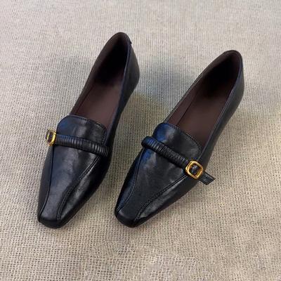Version peau de mouton~ Mocassins français à bout carré pour femmes à talon épais noirs polyvalents pour le travail chaussures simples à semelle souple à une pédale et petit le