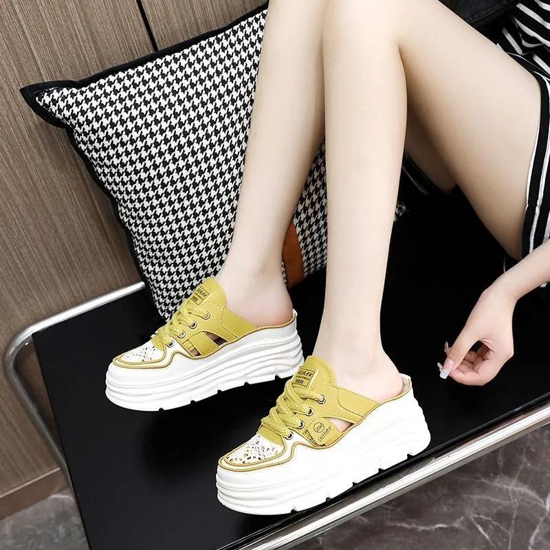 Thick-soled Waterproof Platform 7cm White Shoes Hollow Breathable Women's Shoes Summer Lazy Slippers