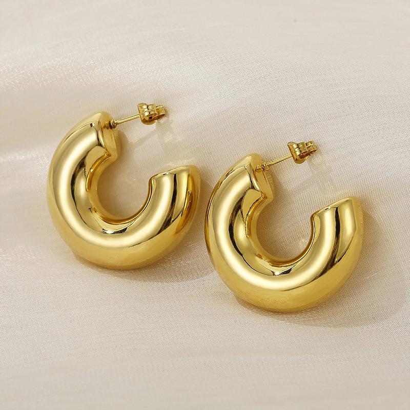 Fashion Thick Round C Shape Chunky Hoop Earrings Women Glossy Circle Gold  Color Steel Needle Stud Huggie Earrings Jewelry