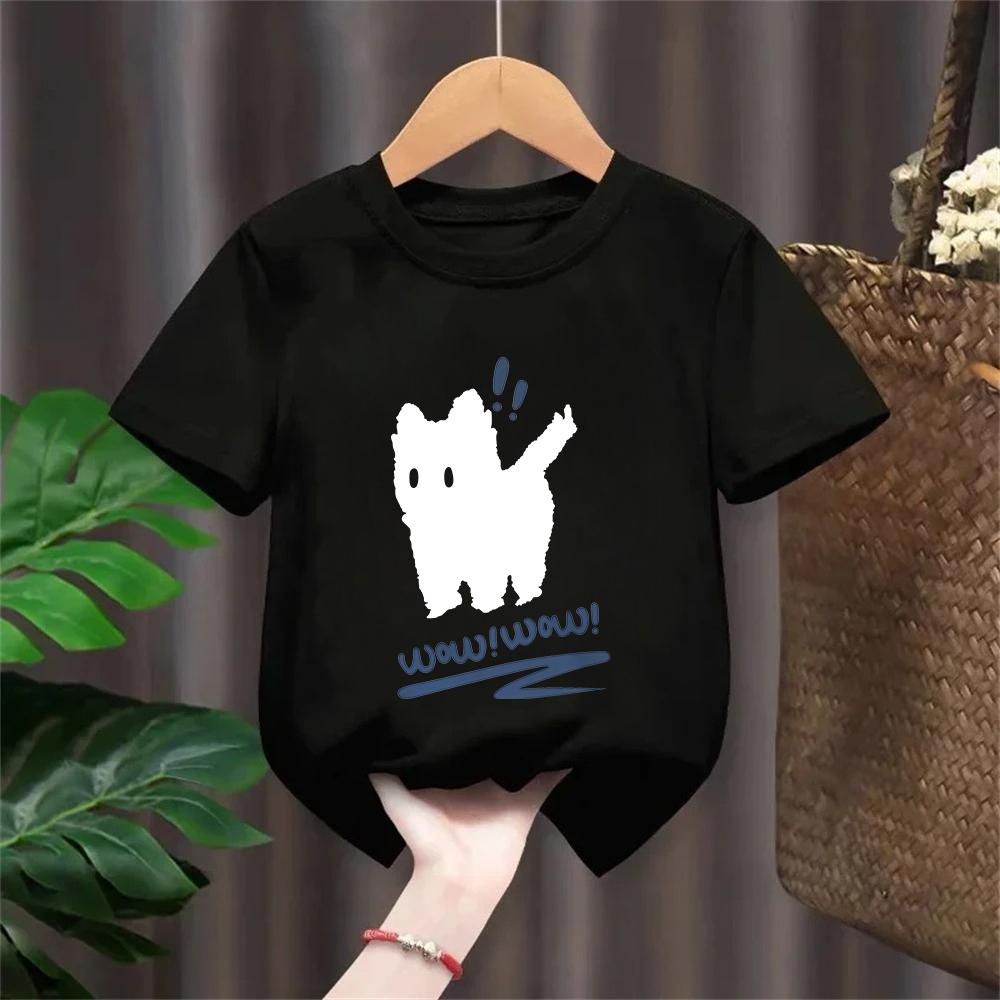 Funny T Shirt Cat Letter Print Crew Neck TShirt Kids Casual Short Sleeve Top for Spring Summer Girls Clothing