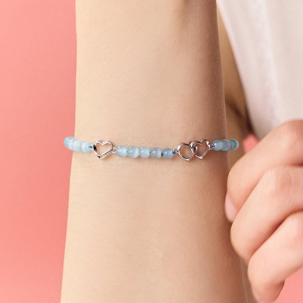 [Rosemont] Silver Blue Cat's Eye Bead Bracelet Deer Heart Ra25C08A