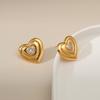 Vintage Solid Love Heart Zircon Inlaid 18k Gold Plated Brass Stud Earrings