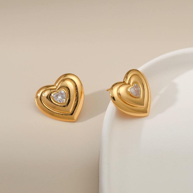 Vintage Solid Love Heart Zircon Inlaid 18k Gold Plated Brass Stud Earrings