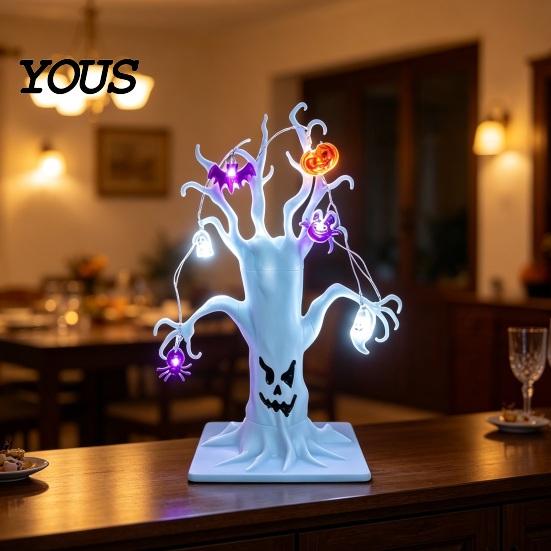 Portable Halloween Night Light Lighted Spooky Dead Tree Tabletop Decor, Ghost Face Haunted Resin Ornaments with Pumpkins Pumpkin Spider LED