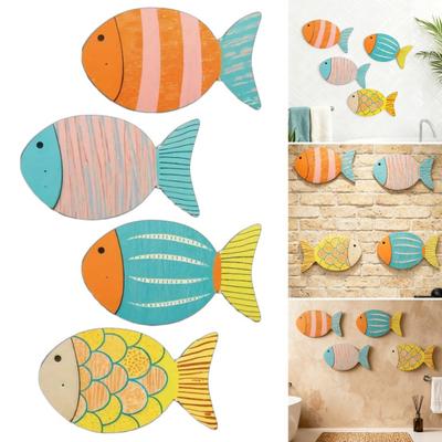 4 Pcs Wood Fish Nautical Beach Wall Decor Coastal Ocean Theme Wooden