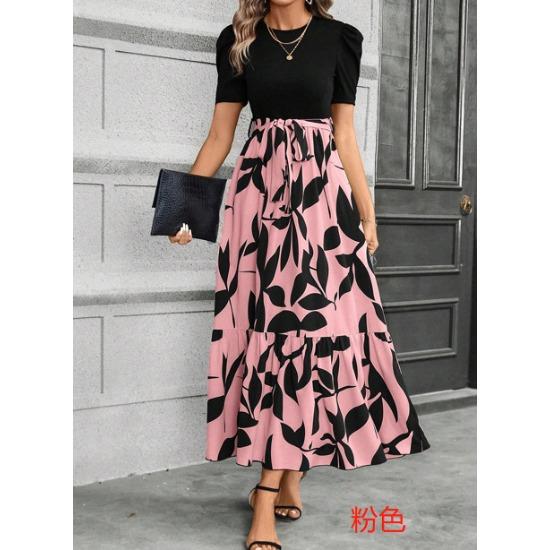 

Women s Floral Print High Waist Fashion Elegant Temperament Dress S розовый