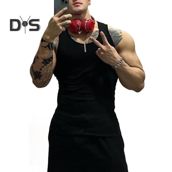 Men Vest Ribbed Fabric Round Neck Tight Fit Solid Color Tank Tops Breathable Vest Sports Fitness Streetwear