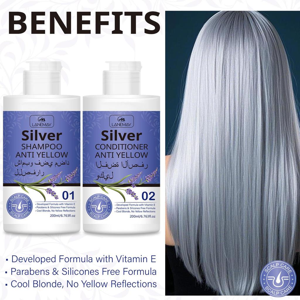Silver Shampoo and Conditioner Set With Lavender & Vitamin E - Gentle Cleansing and Preserves Hair Color, Smooth and Silky Texture