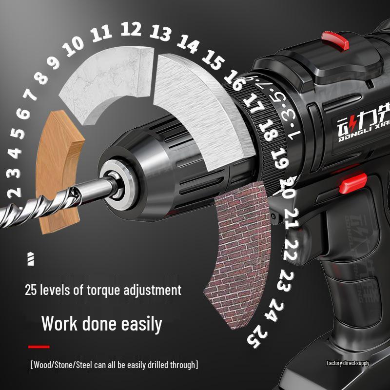 Dual-Speed Electric Drill with Lithium Battery & Impact Function for Multifunctional Use, Household Drilling, and Screwdriving.