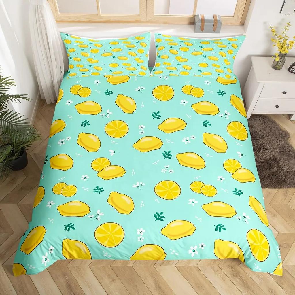 Lemon Duvet Cover Queen King Size For Girls Teens 3 Pcs Summer Cool Style Fruits Lemon Print Bedding Set, Leaves Comforter Cover