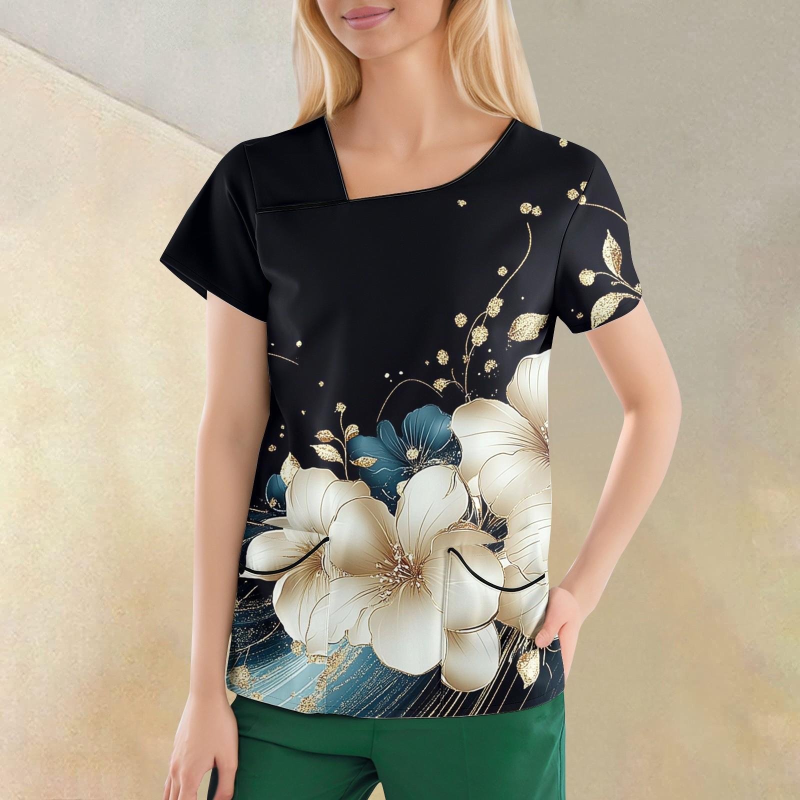 

Женская повседневная рабочая одежда с короткими рукавами и наклонным воротником с принтом и двойными карманами L чёрный