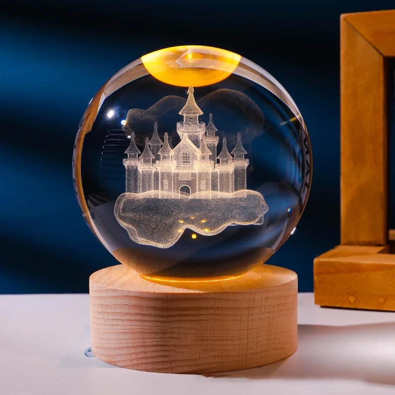 USB Plug-in 3D Crystal Ball LED Night Light Moon Galaxy Projectors Bedroom Decor Night Lamp Creative Gifts for Kids Couple
