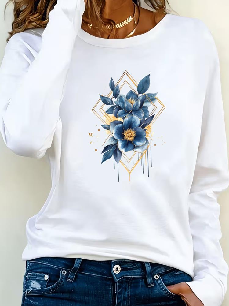 (Asian Size) flower style Clothing Casual  Tee Lady Printed o-neck Long Sleeve T Shirt Women Female Fashion Top Graphic T-shirts