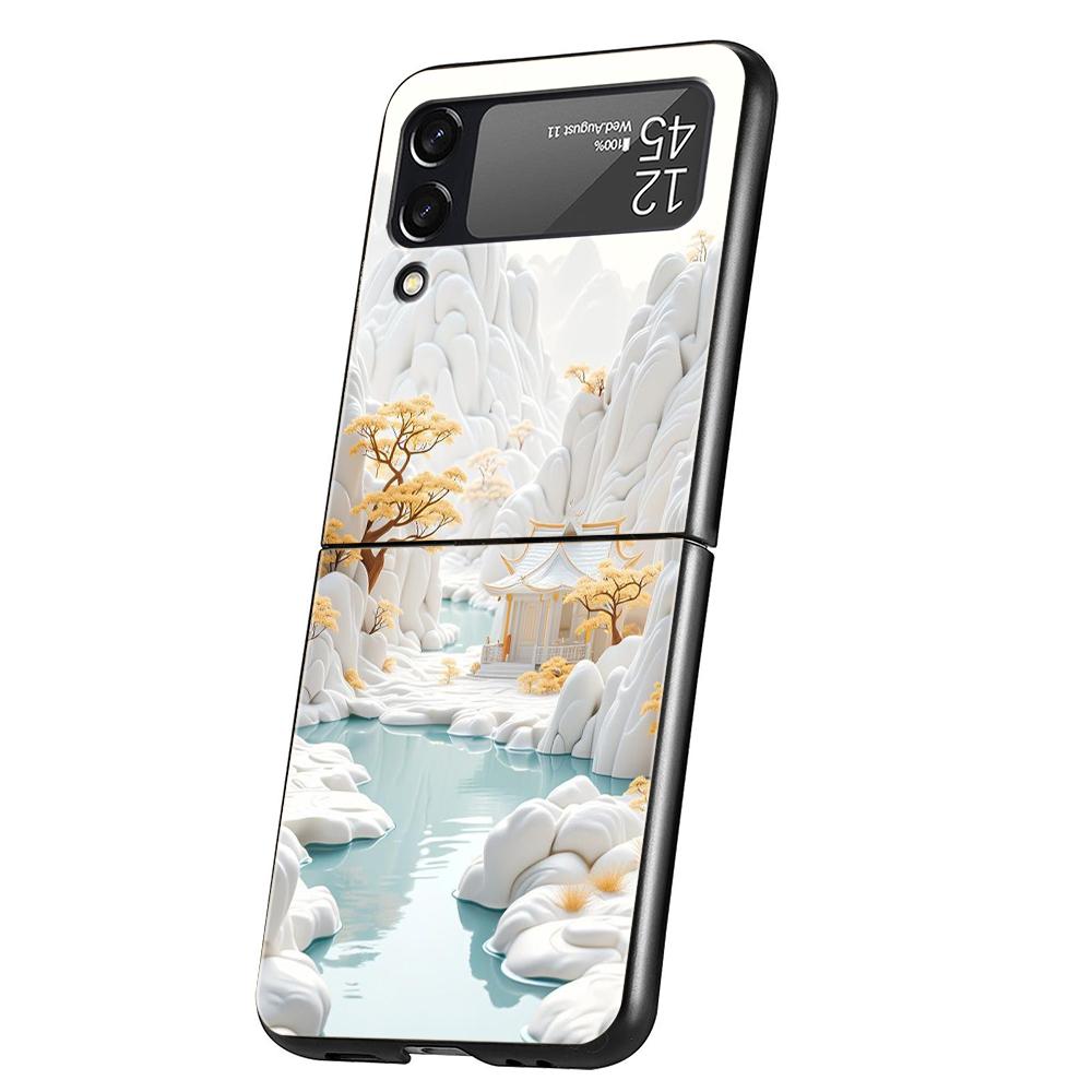 Chinese Style Landscape Hard PC Phone Case For Samsung Galaxy Z Flip 7 6 5 4 Black Cover For Galaxy Z Flip 3 Foldable Capas Bags