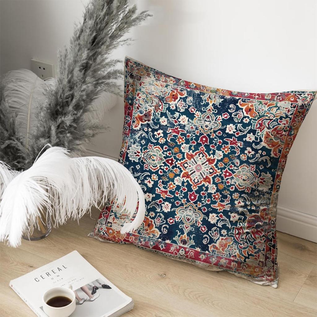 Vintage Boho Floral Print Throw Pillow Cover 18x18 - Orange, Blue, Teal - Retro Rust Floral Decor Pillowcase | Indoor Outdoor Cushion Case for Sofa