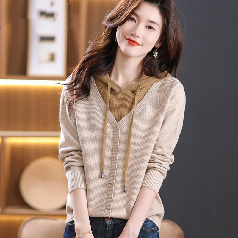 Hooded Knitted Women's Sweaters Fashion Casual Loose Outerwear Fake Two Piece Top Versatile Bottom Coat Sweater Women