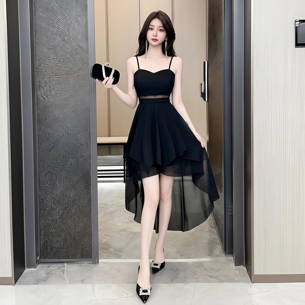 White Suspender Tube Top Dovetail Dress Female Irregular Mesh Medium and Long Dress Party Performance Certificate Atmosphere Skirt Female