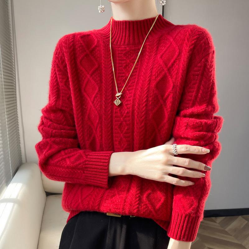 Thickened New Pullover Autumn and Winter Half Turtleneck Knitted Seven-needle Twisted Long-sleeved Ready-made Woolen Sweater