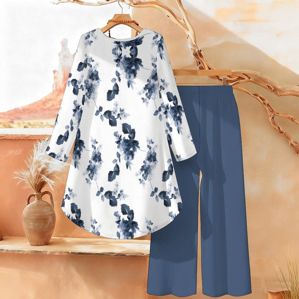 Floral Print Print Two Piece Outfit Women Long Sleeve Irregular Hem Tunic Top Wide Leg Pants Casual Matching Set