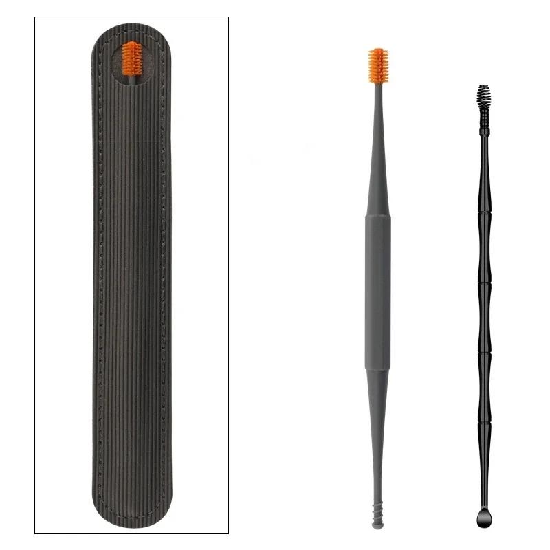 

2шт мягкий силиконовый очиститель ушной серы портативный очиститель ушей из нержавеющей стали ушная сера 2 головки кюретка для удаления ушной серы ушная палочка чёрный