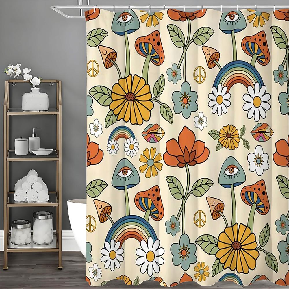 Cartoon Flower Plant Mushroom Rainbow Shower Curtain, Bathroom Decorative Shower Curtain, Waterproof Shower Curtain with Hooks