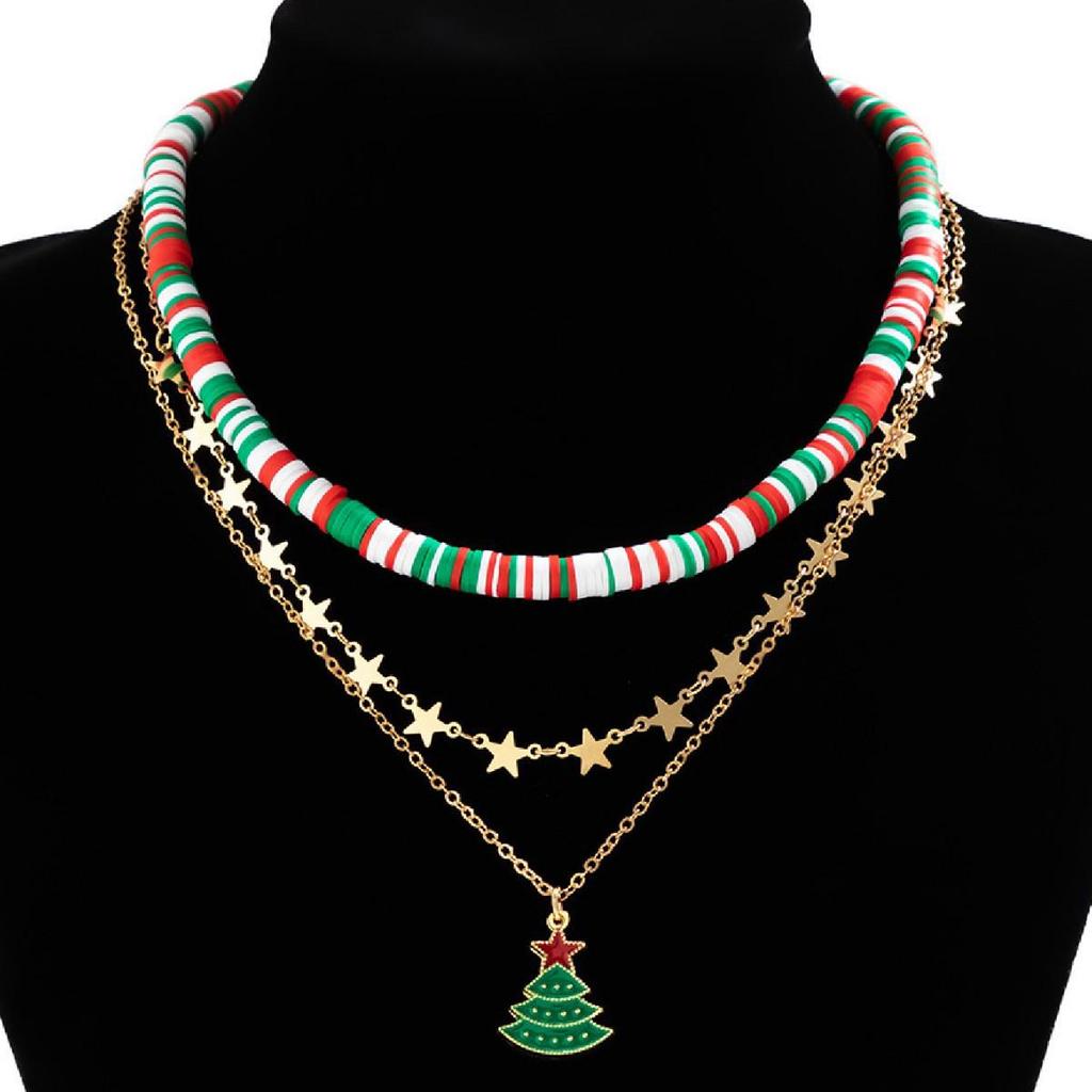 Women's Christmas Tree Cartoon Choker Necklace - Multi-layered Beaded with Drip Oil and Polymer Clay