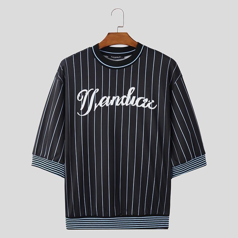 INCERUN Men Round Neck 3/4 Sleeve Striped Print Stitching Summer T-shirts Tops
