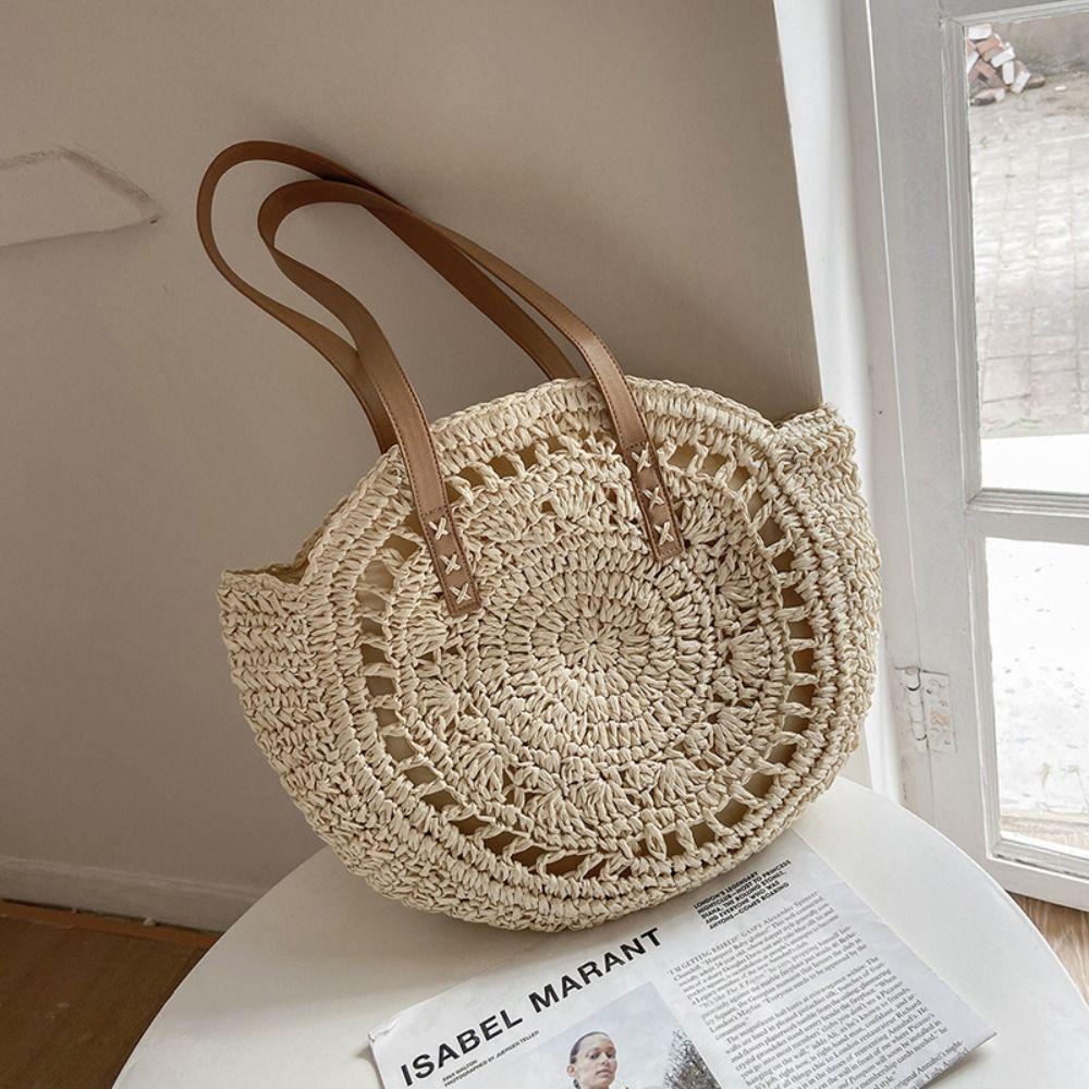 Round Straw Tote Bag Handmade Woven Shoulder Bag Trendy Straw Weave Bag  Travel