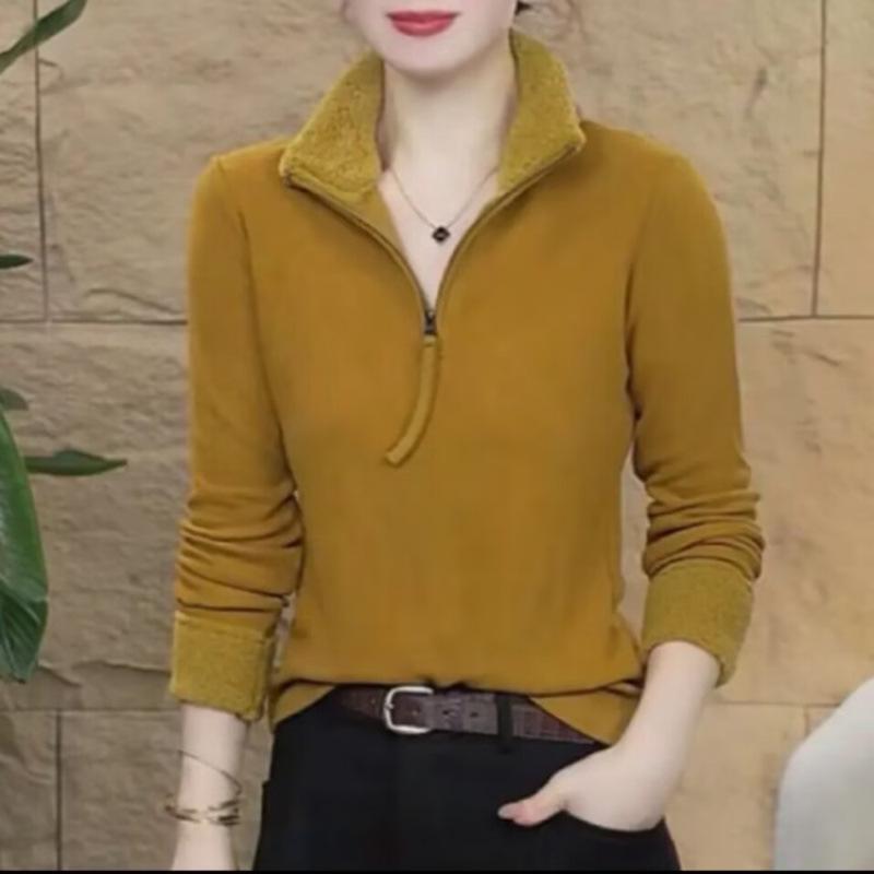 Winter Velvet Long Sleeve Zipper Top - Versatile and Warm for Middle-Aged Women