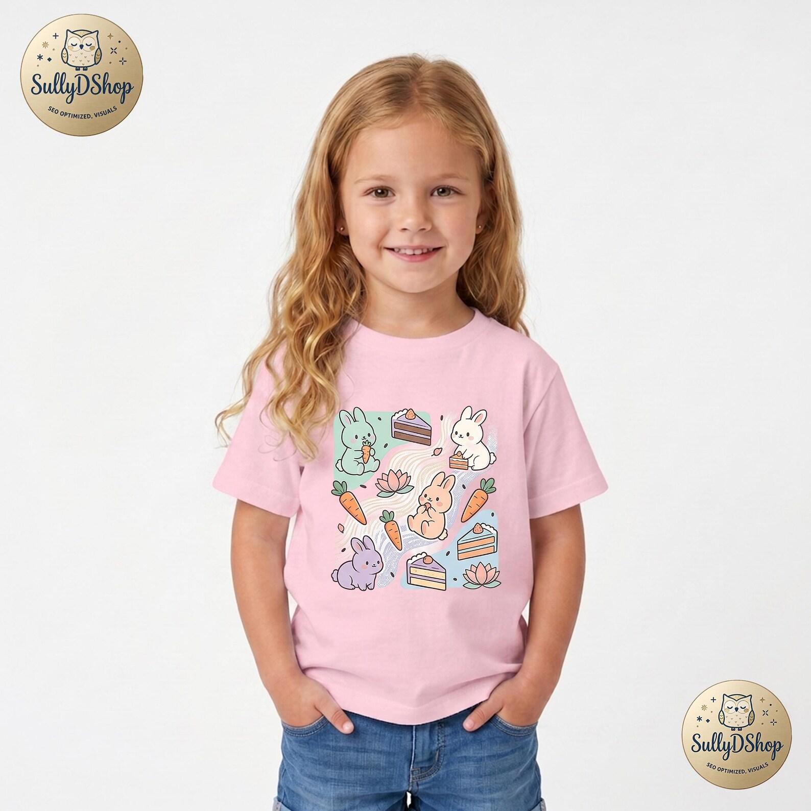 Bunny Carrot Cake T-Shirt, Cute Pastel Rabbits Tee, Kawaii Aesthetic Animal Shirt, Funny Cottagecore Kids Clothes, Trendy Kids Food Tshirt 160