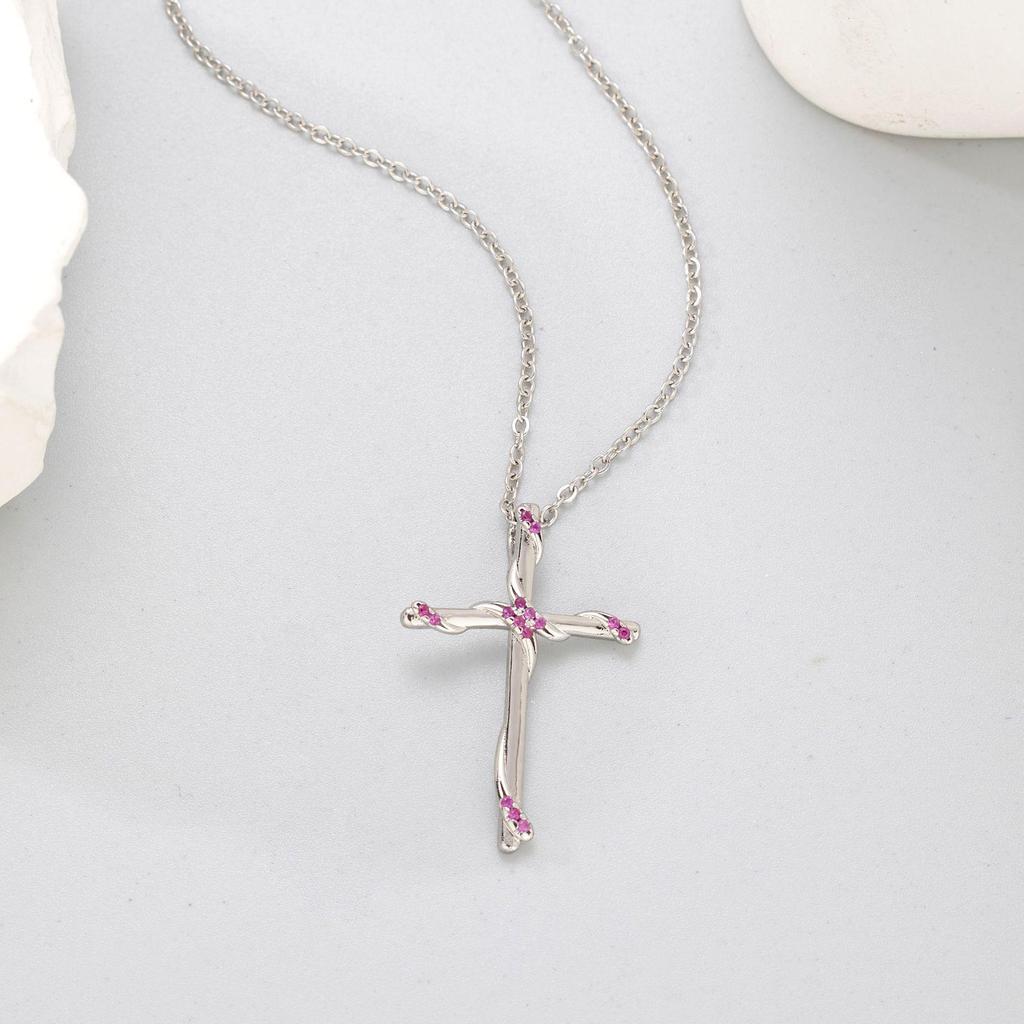 Red Corundum Cross Pendant Necklace in White Gold Plating - Christmas Gift