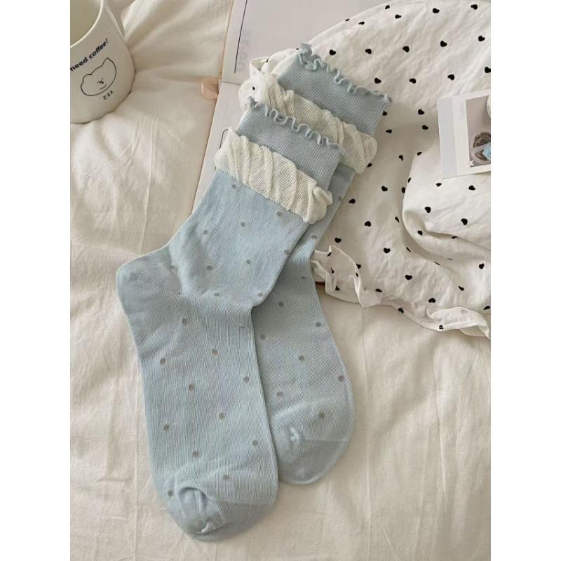 Ladies Spring and Summer Small Fresh Double Auricular Brim Cotton Anti Pilling Boneless Stockings