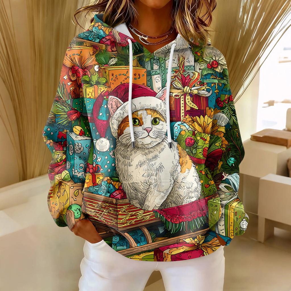 Women's Loose Comfortable Casual Fashion V-Neck Christmas Print Long Sleeve Hoodie