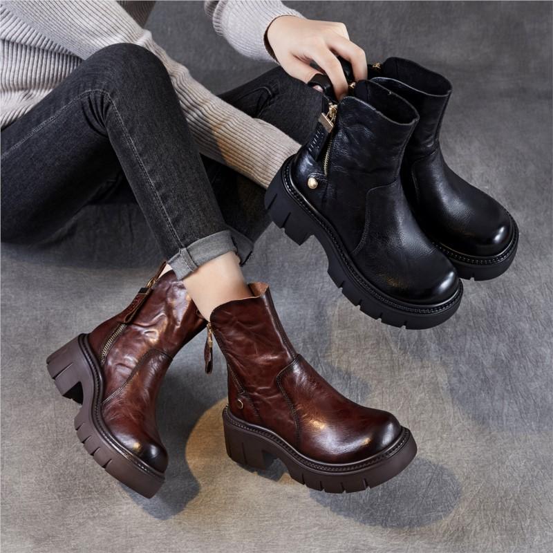 Johnature Retro Thick Soled Side Zipper Women's Short Boots Genuine Leather Knight Boots