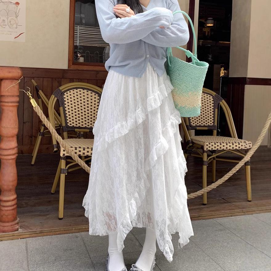 

Qooth French Lace Midi Skirt Asymmetrical Ruffled White A Line Skirt Elegant Sweet Skirts QT2602 One Size білий