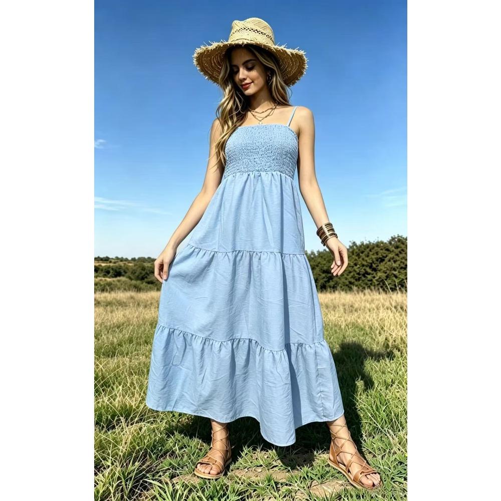 Women s Spaghetti Strap Sleeveless Solid Color Tiered Maxi Dress S