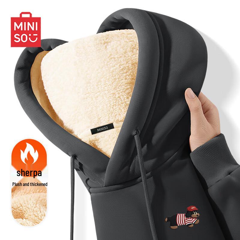 MINISO Men's Lamb Fleece Cartoon Dog Print Hooded Sweatshirt