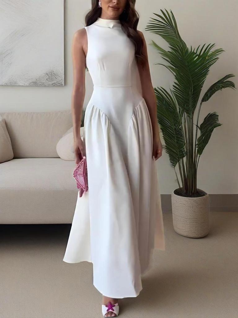 2025 Sommer Europäisches & Amerikanisches Damen Ärmelloses Kleid mit Hohem Kragen Einfarbig Taillenbetont